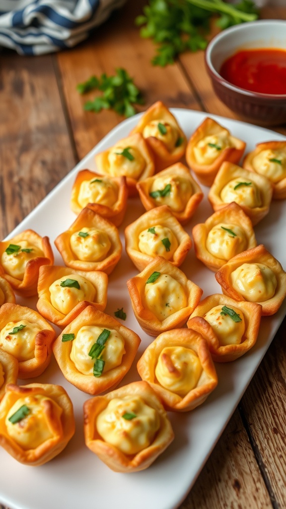 Savory Stuffed Appetizer Bites Recipe A delicious platter of golden stuffed pastry bites on a rustic table with dipping sauce.
